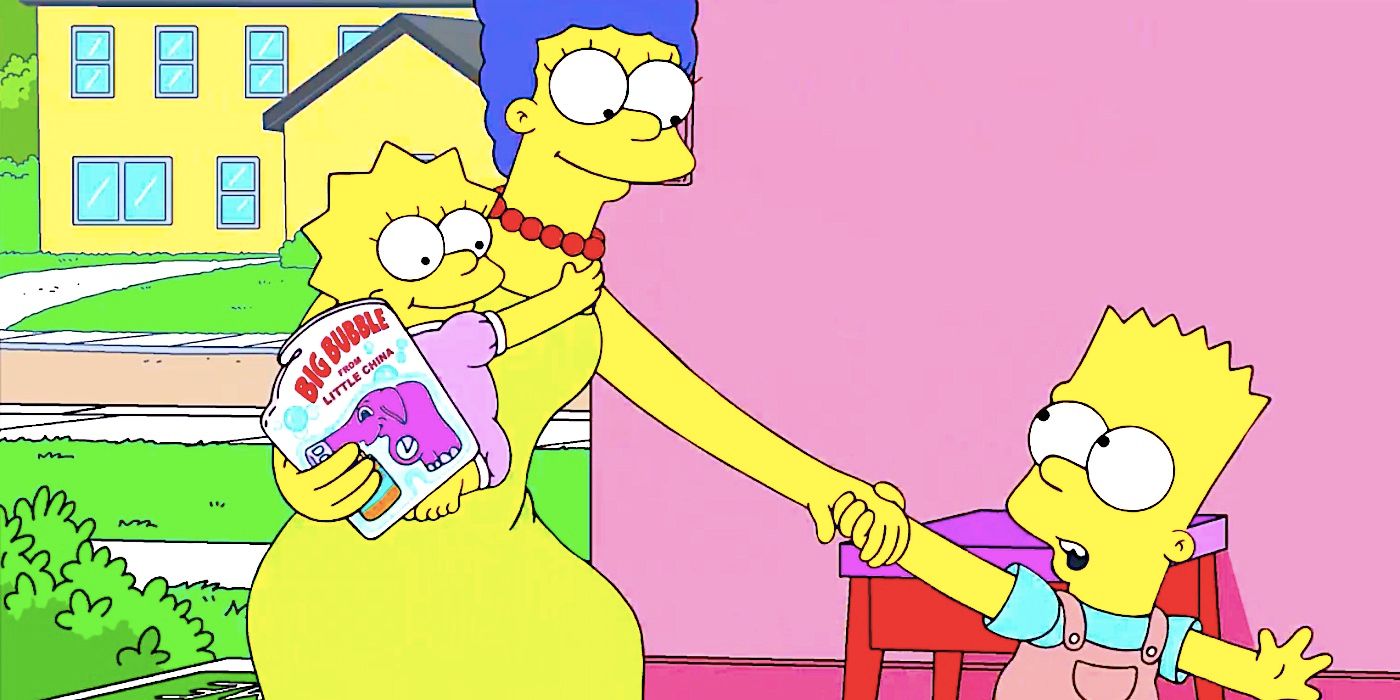 A young Bart leads Marge by the hand as she holds on to baby Lisa in The Simpsons season 35 episode 2