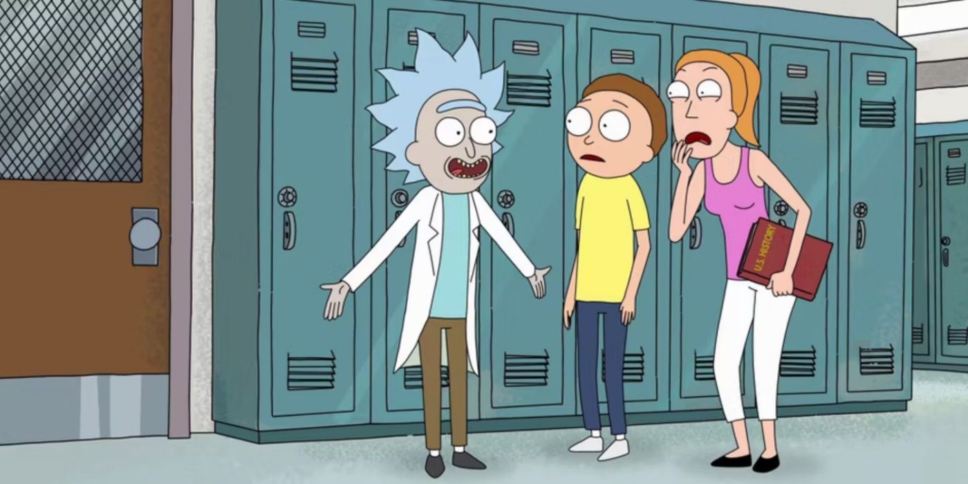 A young Rick Sanchez talking to Morty and Summer.