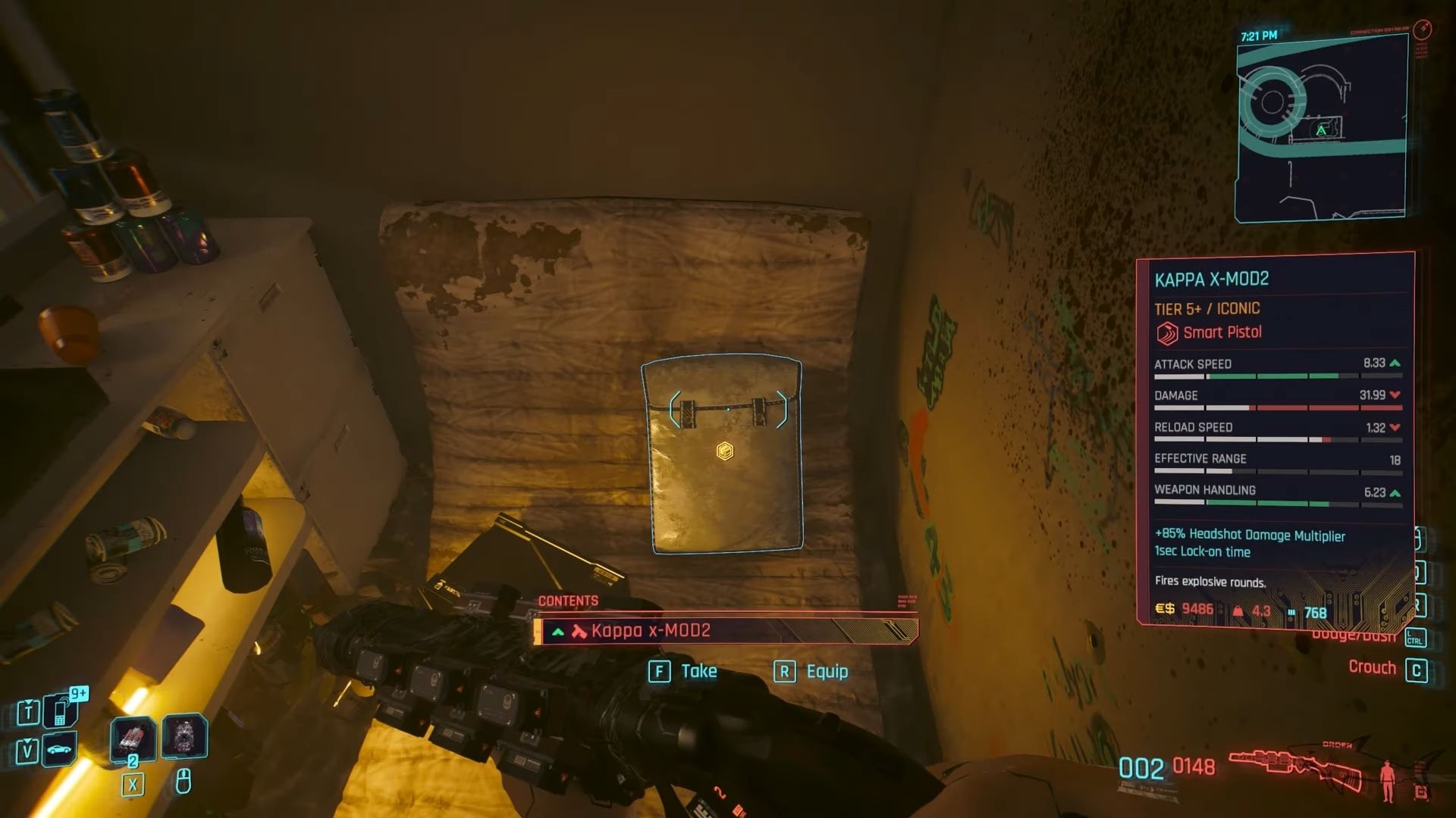 A bag resting on a mattress with a lootable item, the Kappa x-MOD2 pistol, highlighted.