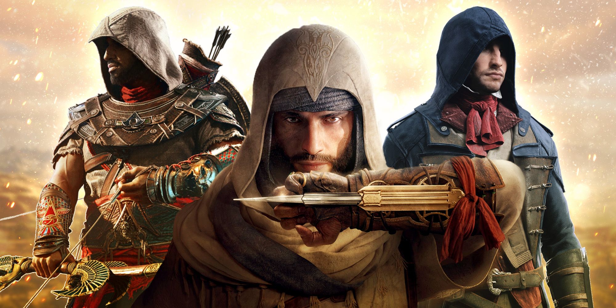 Assassin's Creed Mirage protagonist Basim in front of assassins Bayek and Arno.