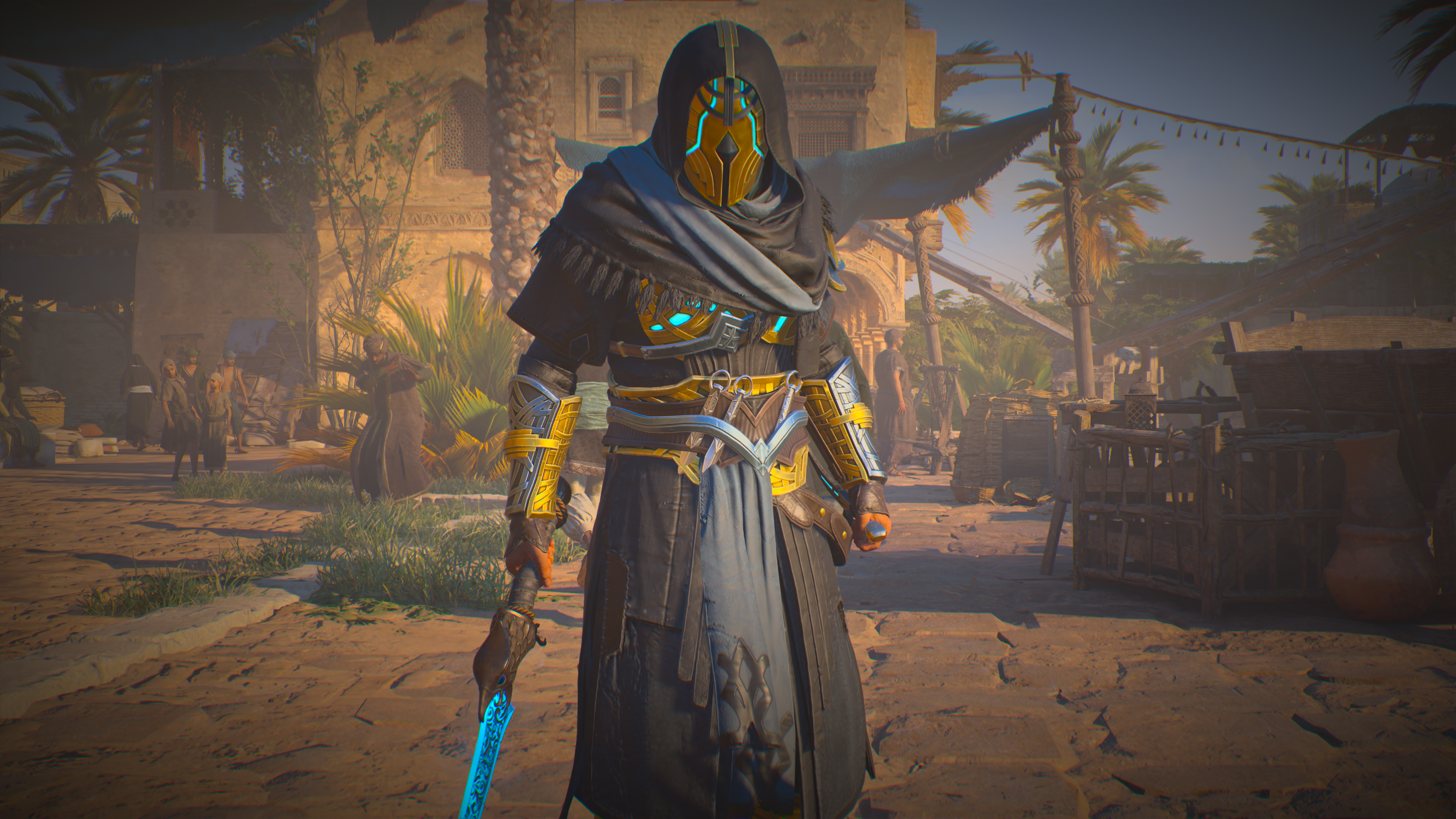 Basim standing in Milad's Outfit, holding a glowing blue sword down at his side.