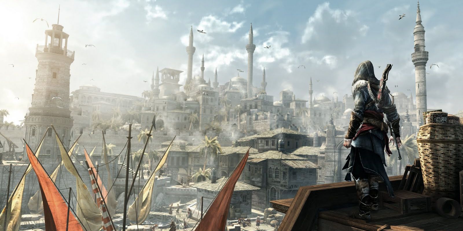 A figure in gray, hooded robes stands on a wooden walkway near a port, with Byzantine Constantinople in the distance in front of him.