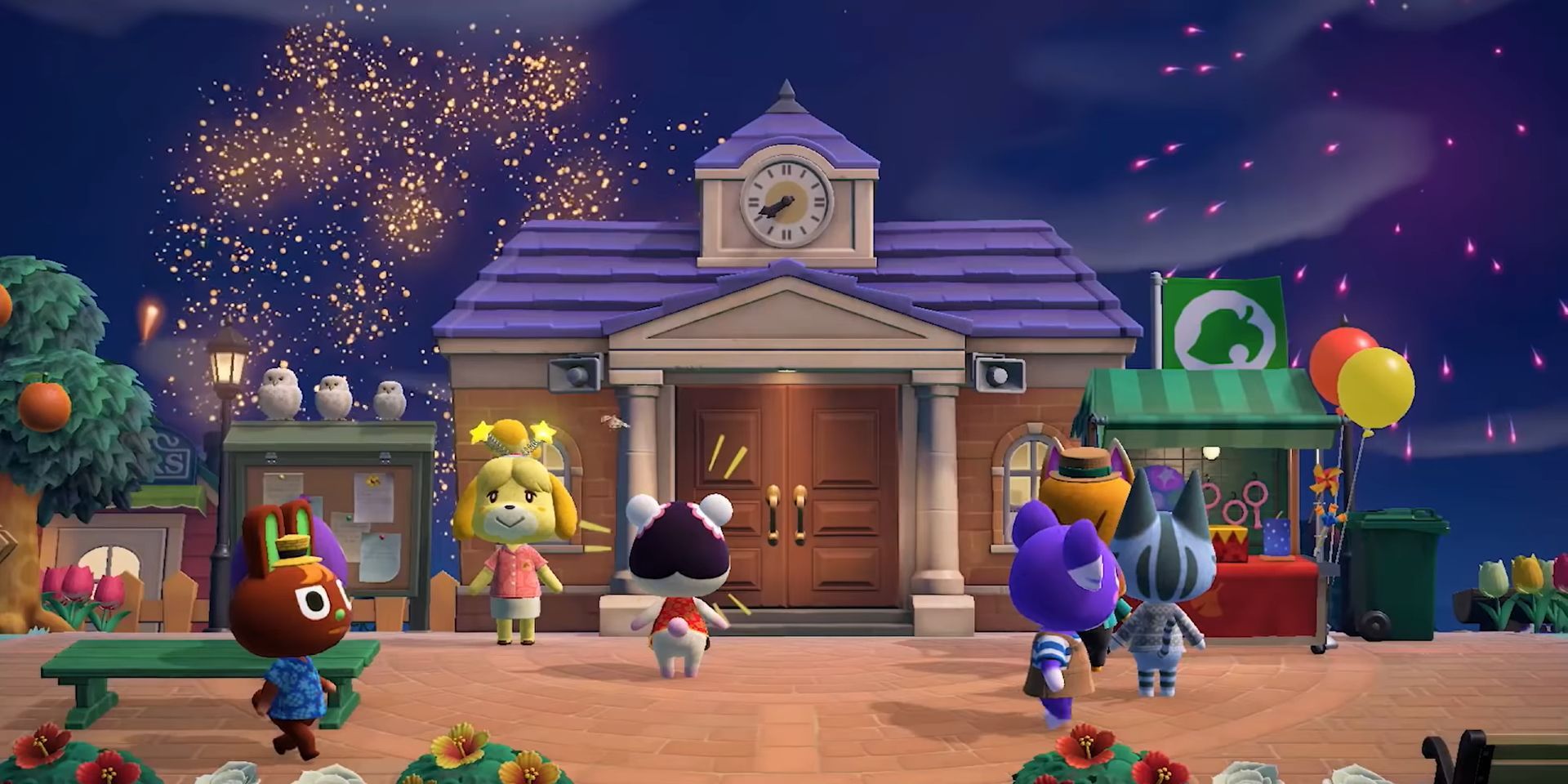 A screenshot from Animal Crossing: New Horizons showing a large group of villagers celebrating outside the Town Hall at night. Distant fireworks can be seen.