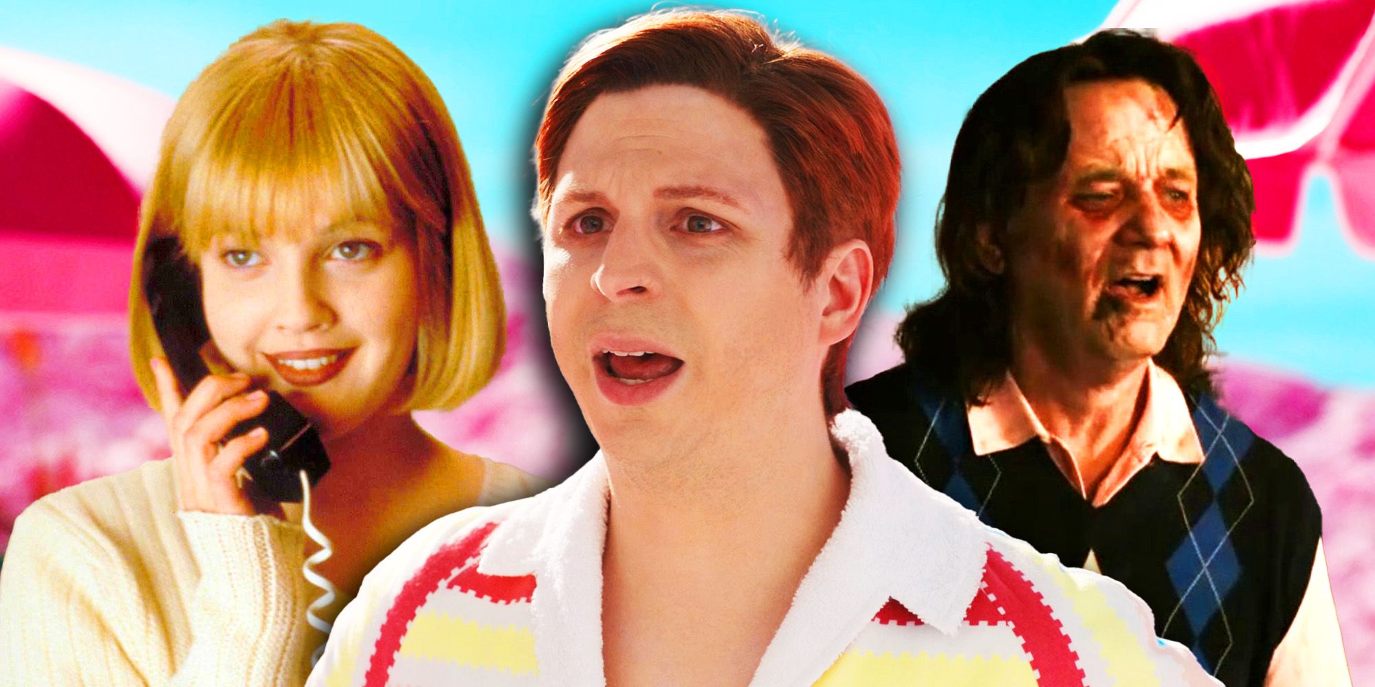 Collage of scene-stealing actors: Drew Barrymore in Scream, Michael Cera in Barbie, Bill Murray in Zombieland.