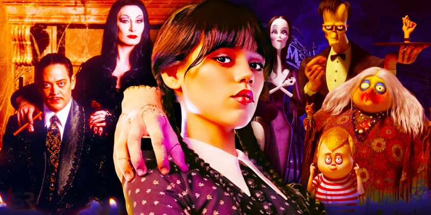 Collage of characters from live-action and animated Addams Family adaptations