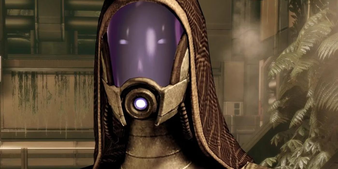 Mass Effect character Admiral Raan with a hood and mask.