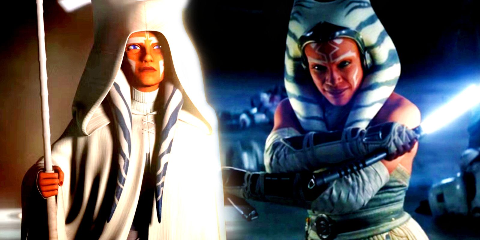Ahsoka Tano in the Star Wars Rebels epilogue and in the Ahsoka finale