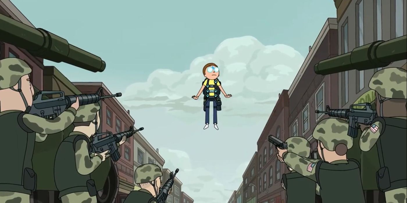 Akira Morty sobrevolando la ciudad con militares apuntándole con armas en Rick & Morty