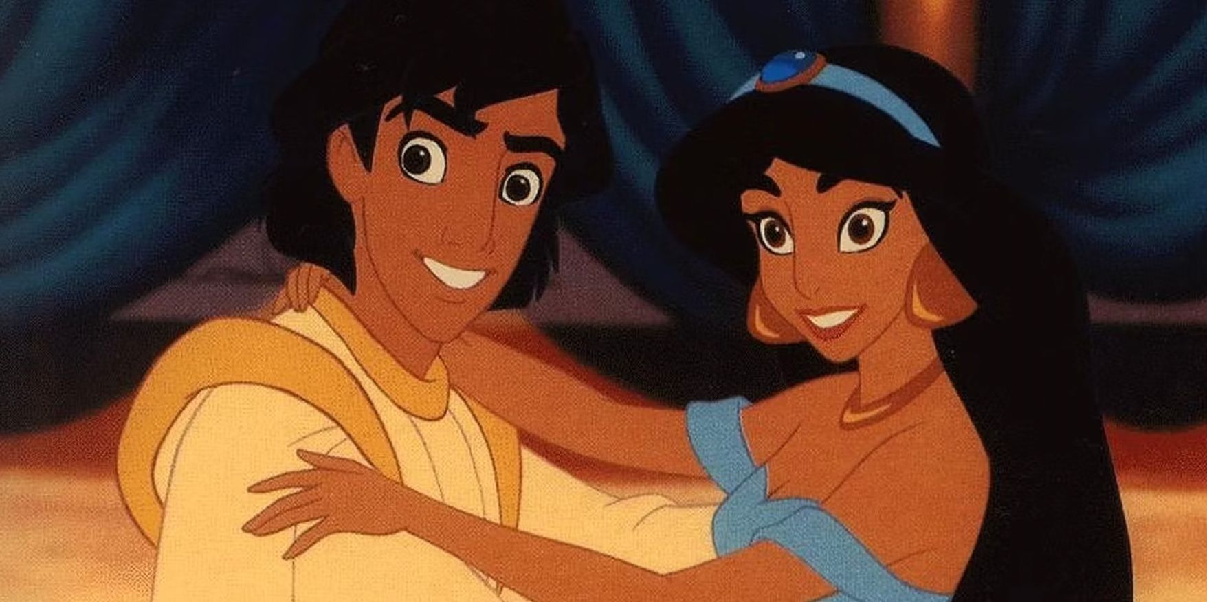 Aladdin and Jasmine with their arms around one another in the animated Aladdin