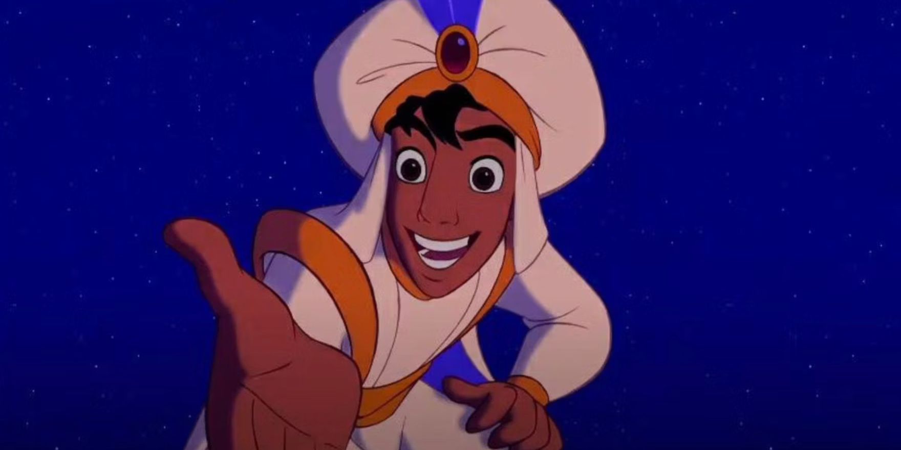 Scott Weinger as Aladdin extends his hand in the animated movie Aladdin