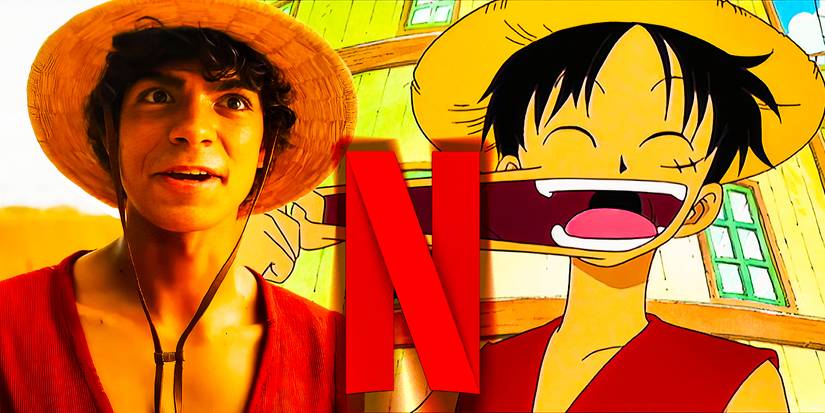 Live-action Luffy, the Netflix logo, and anime Luffy