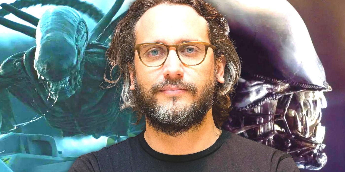 Fede Alvarez, director of Alien Romulus, superimposed over two shots of Xenomorphs from the Alien franchise.