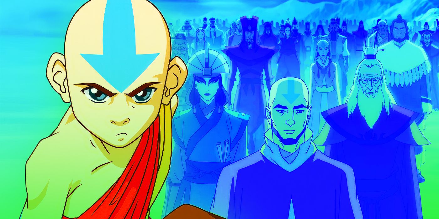 Avatar Aang next to the various reincarnations of the Avatar