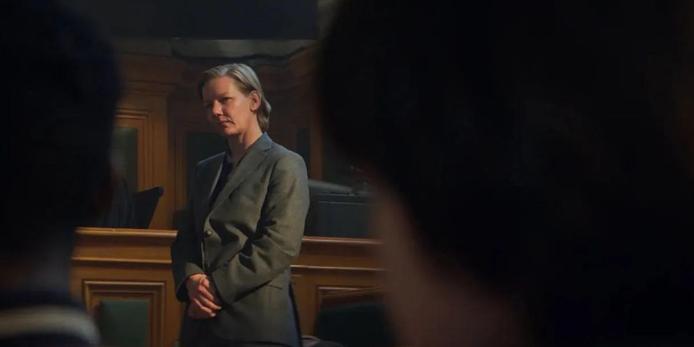 Sandra Huller stands in a courtroom in Anatomy of a Fall