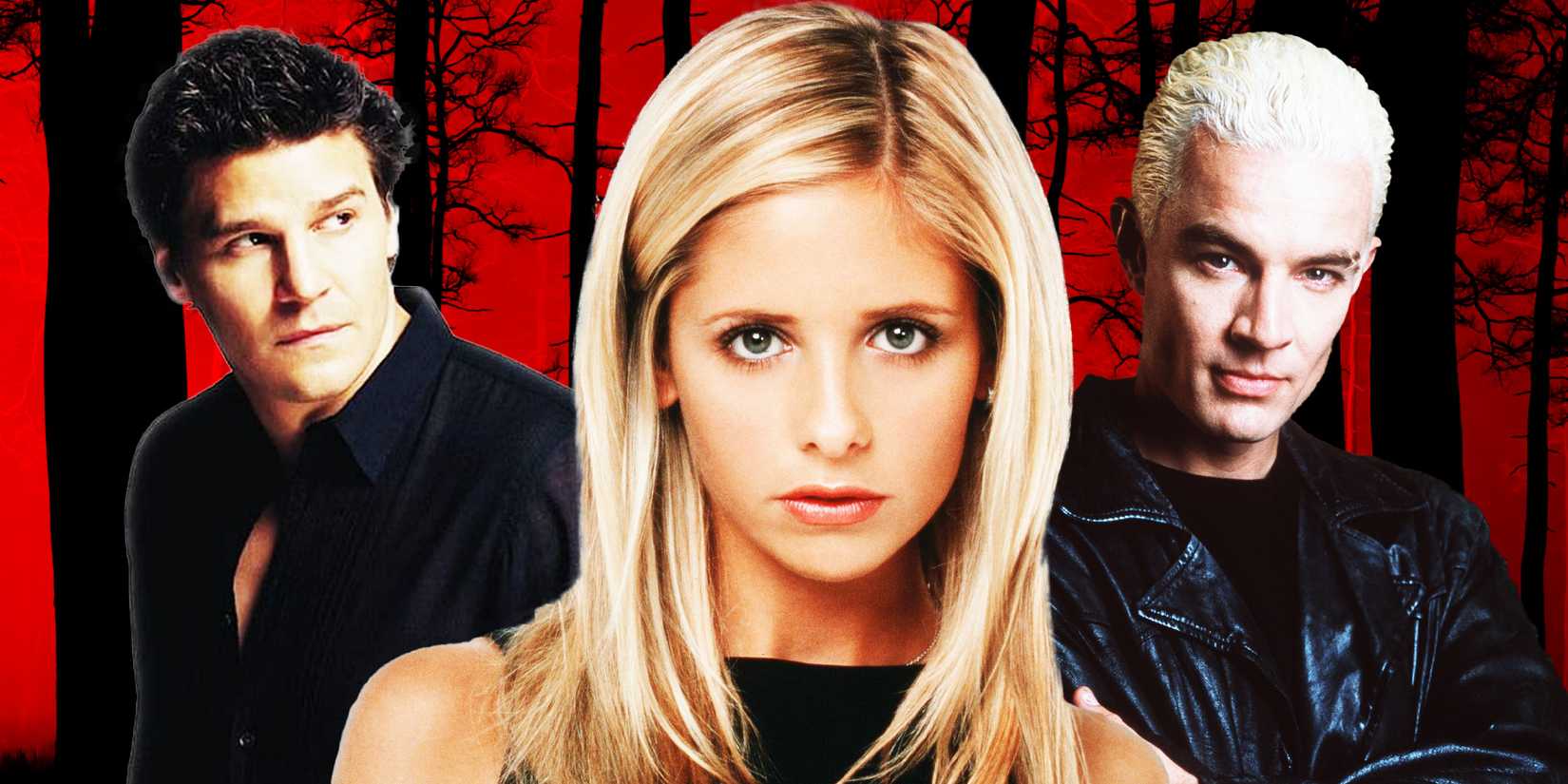 Angel (David Boreanaz) in the background with Spike (James Marsters) and Buffy (Sarah Michelle Gellar) in the center from Buffy the Vampire Slayer