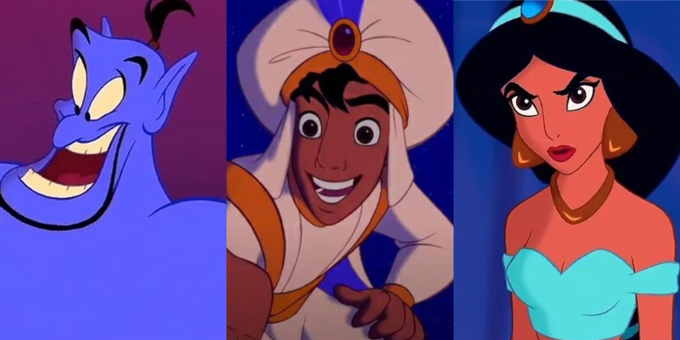 Side by side images depict Genie, Aladdin, and Jasmine in the Disney animated Aladdin
