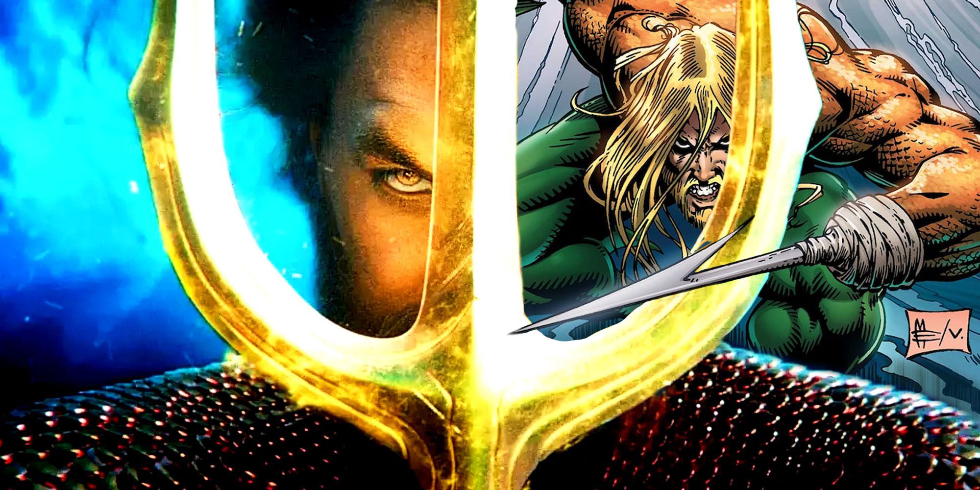 Featured Image: Jason Momoa as Aquaman (left); comic Aquaman by Martin Egeland (right)