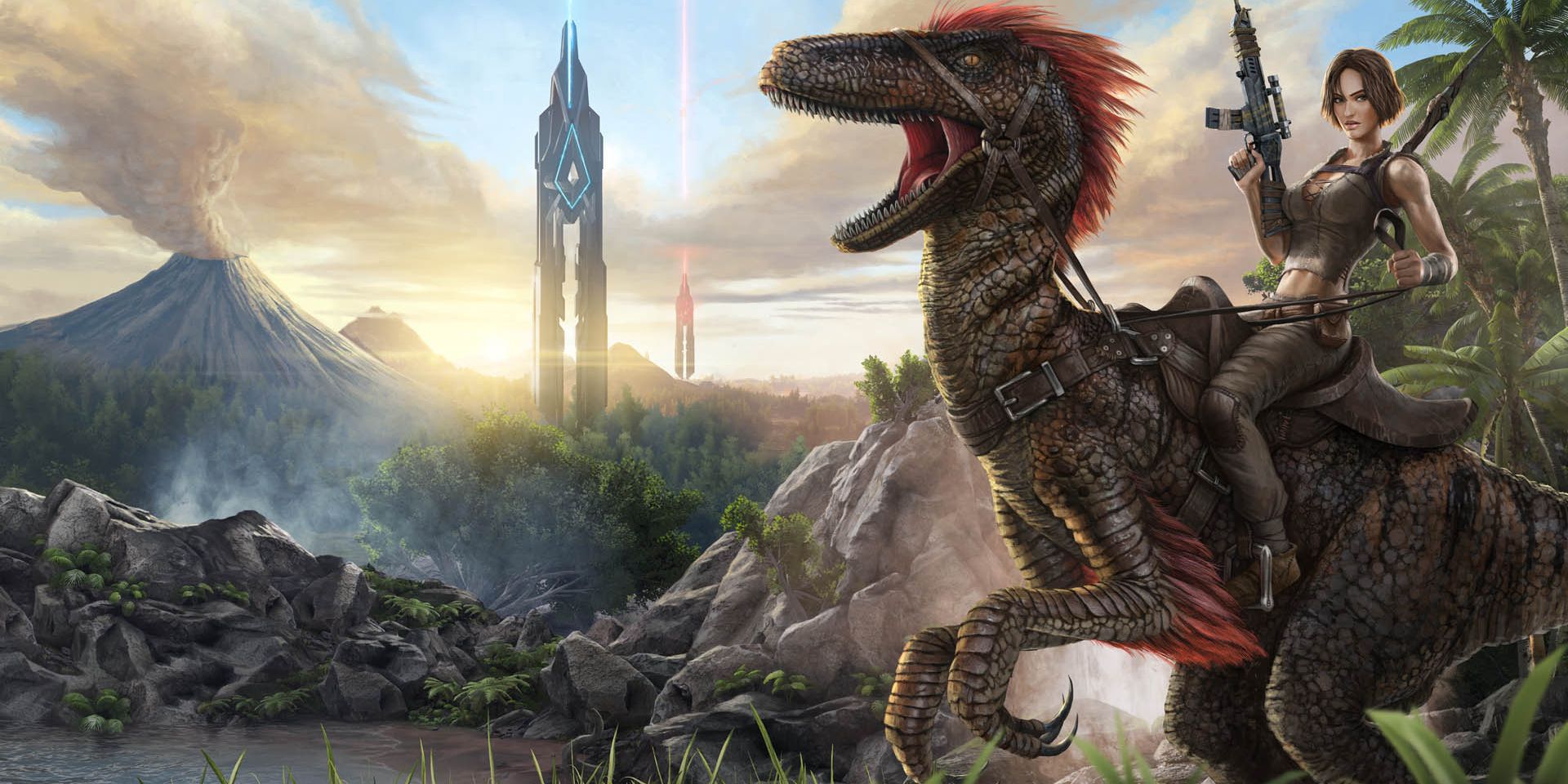 A player character sits astride a leering, bipedal dinosaur before distant mountains in key art from Ark: Survival Ascended.