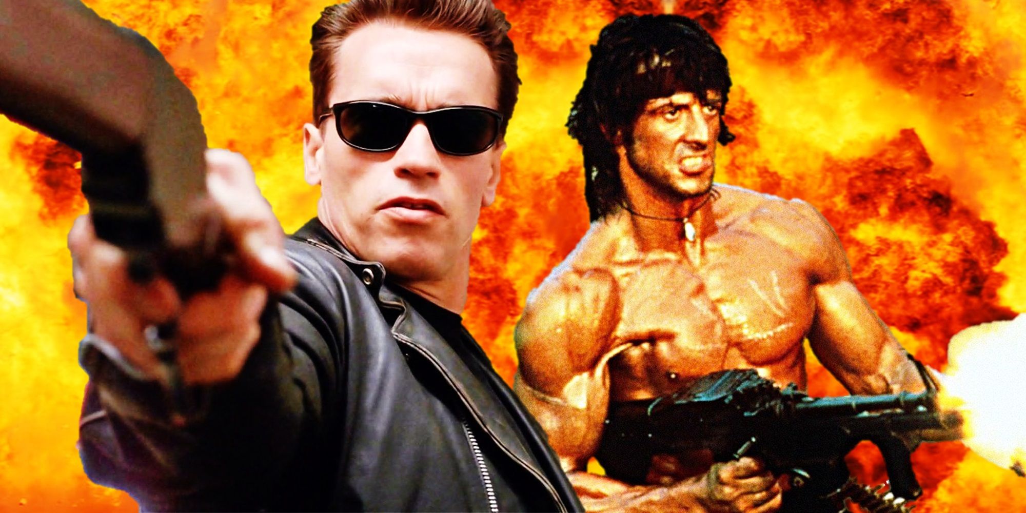 Arnold Schwarzenegger in Terminator 2 and Sylvester Stallone in Rambo First Blood Part II with an explosion in the background