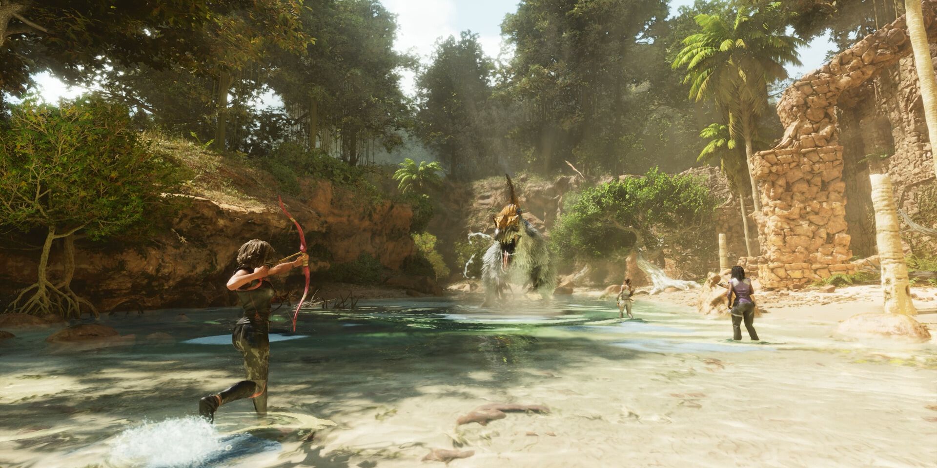 Three player character rush toward a raging dinosaur in a small, dusty clearing in a screenshot from Ark: Survival Ascended.