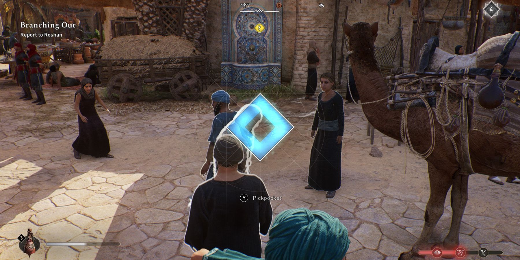 Basim pickpocketing a passerby in Assassin's Creed Mirage.