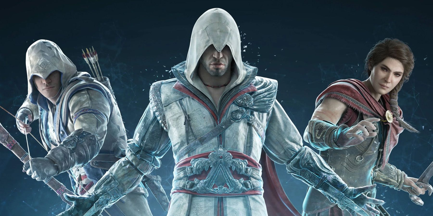 Ezio in front of Connor and Kassandra in key art for Assassin's Creed Nexus VR.