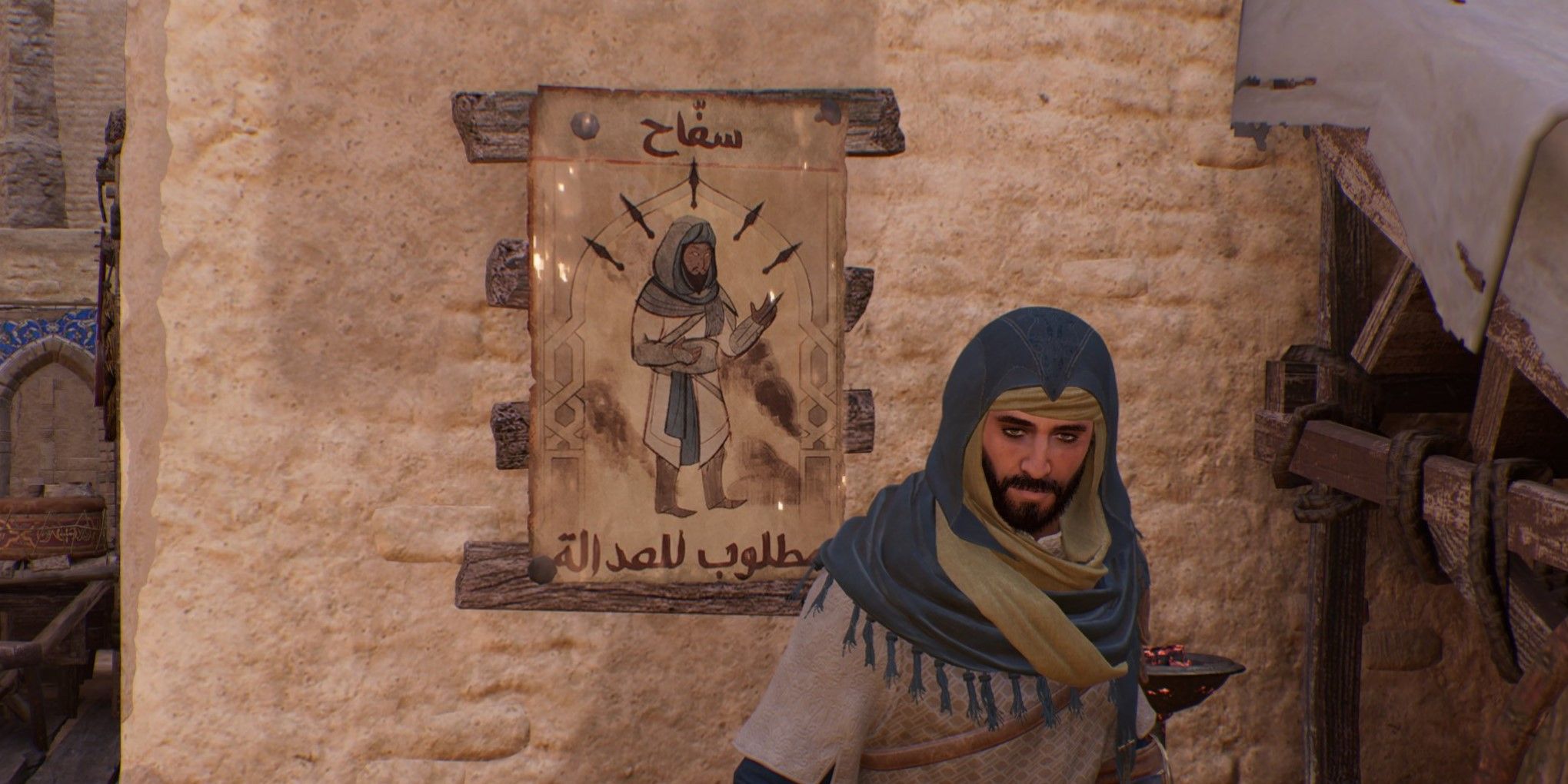 Basim standing in front of his own Wanted Poster in Assassin's Creed Mirage