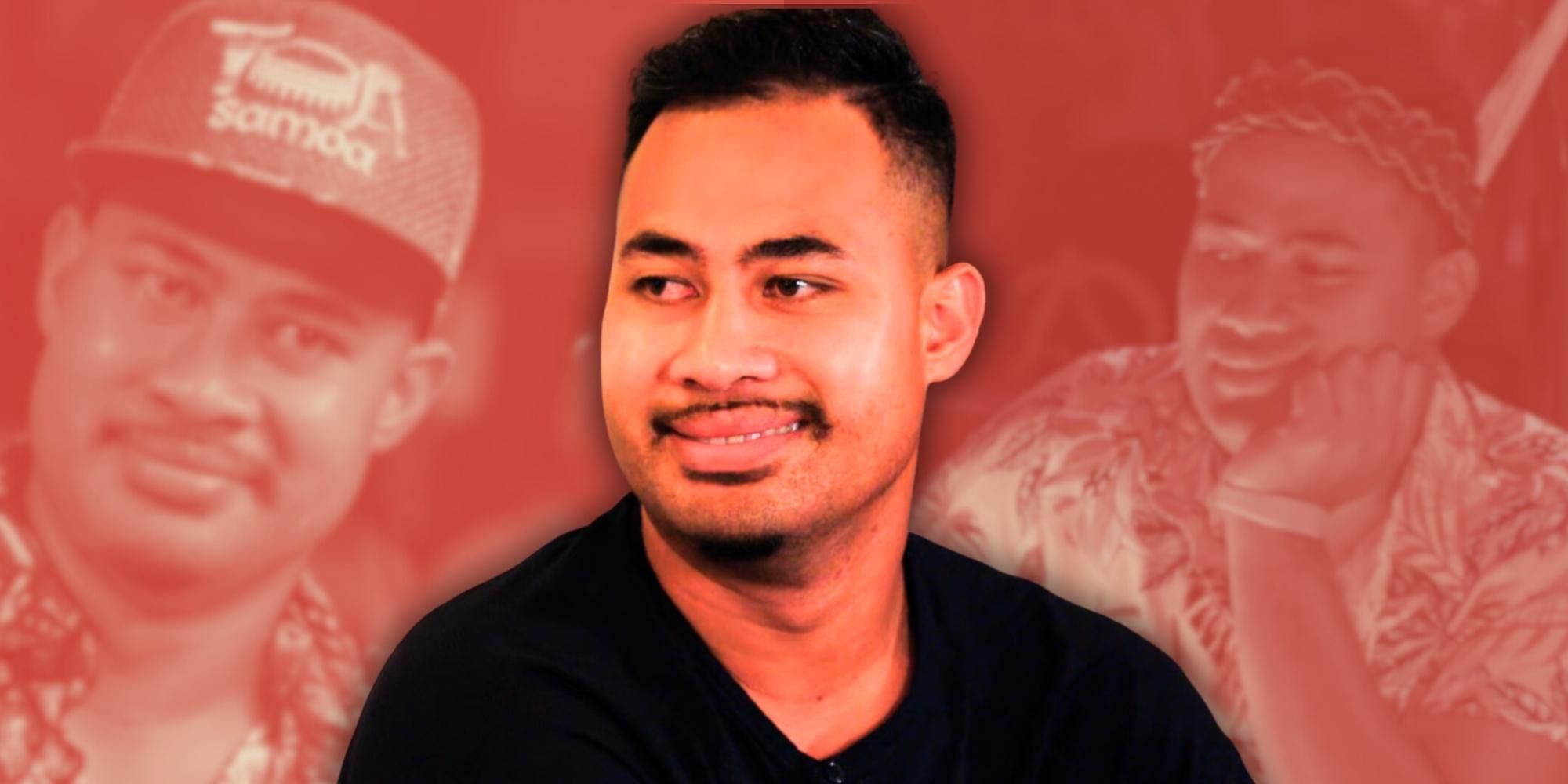 Asuelu Pulaa in 90 Day: The Last Resort smiling and wearing black shirt against orange backdrop