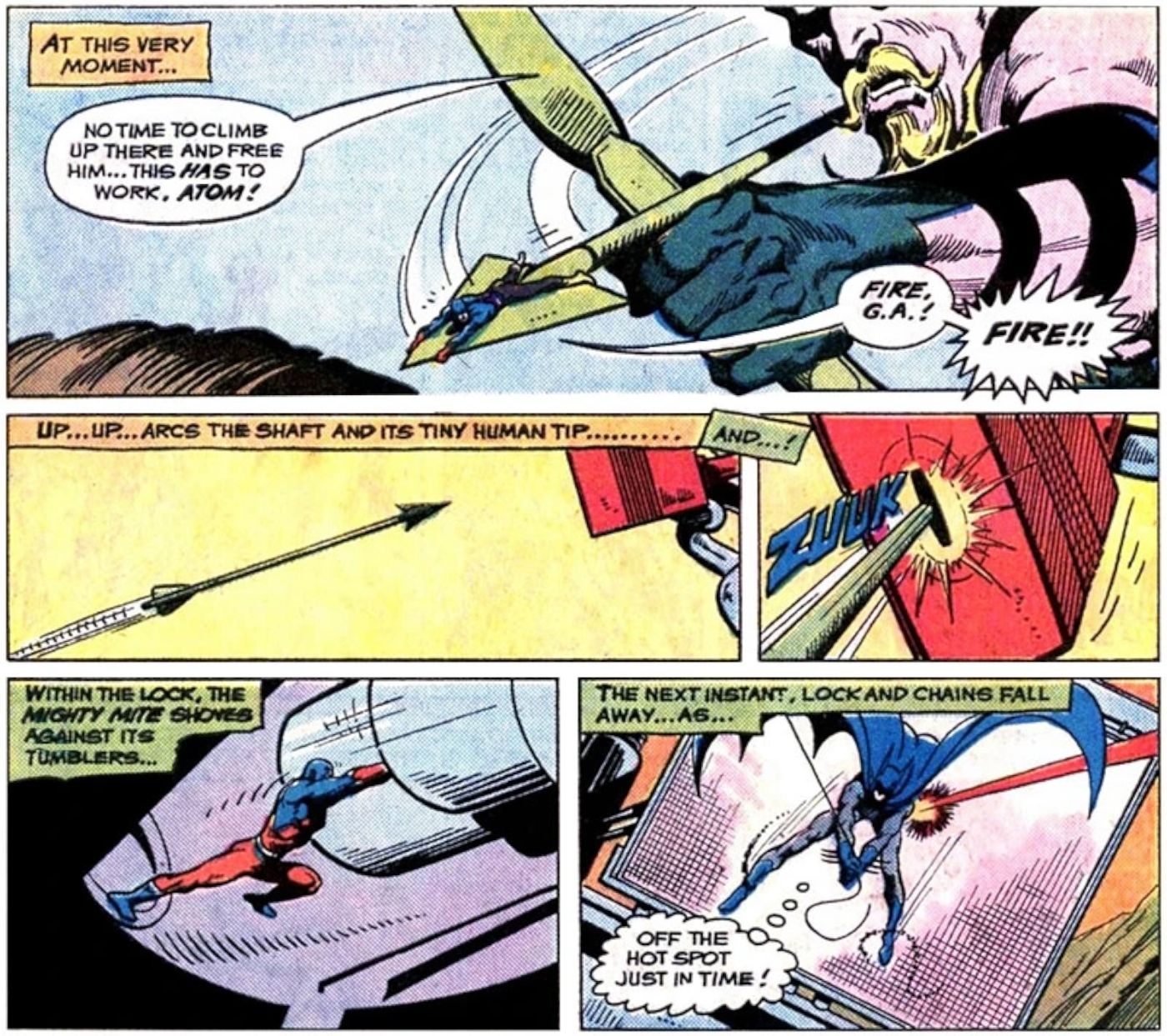 Comic book panels: Green Arrow shoots an arrow with help from the Atom.