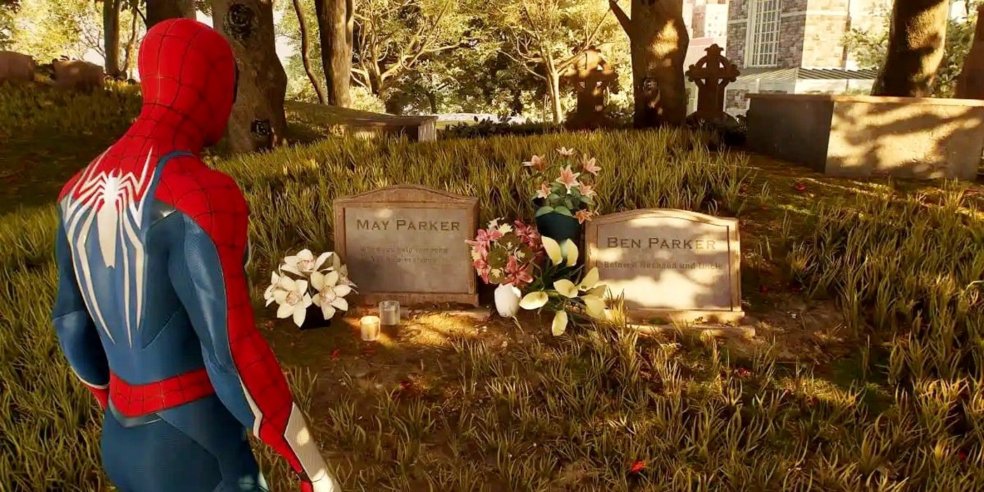 Peter Parker's Spider-Man looking at Aunt May's grave in Spider-Man 2.