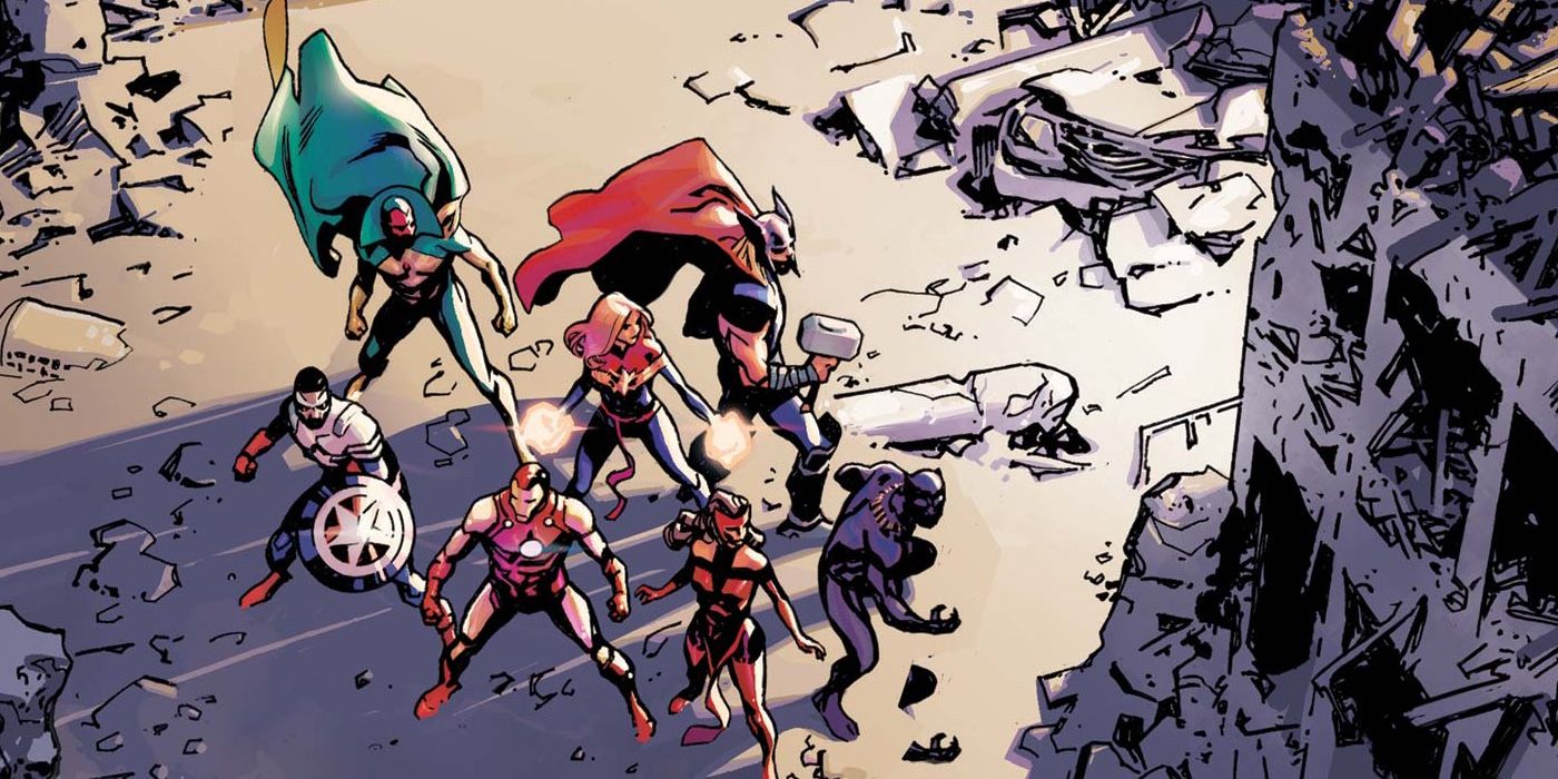 Featured Image: from Avengers #3, the team stands amidst rubble in the Impossible City