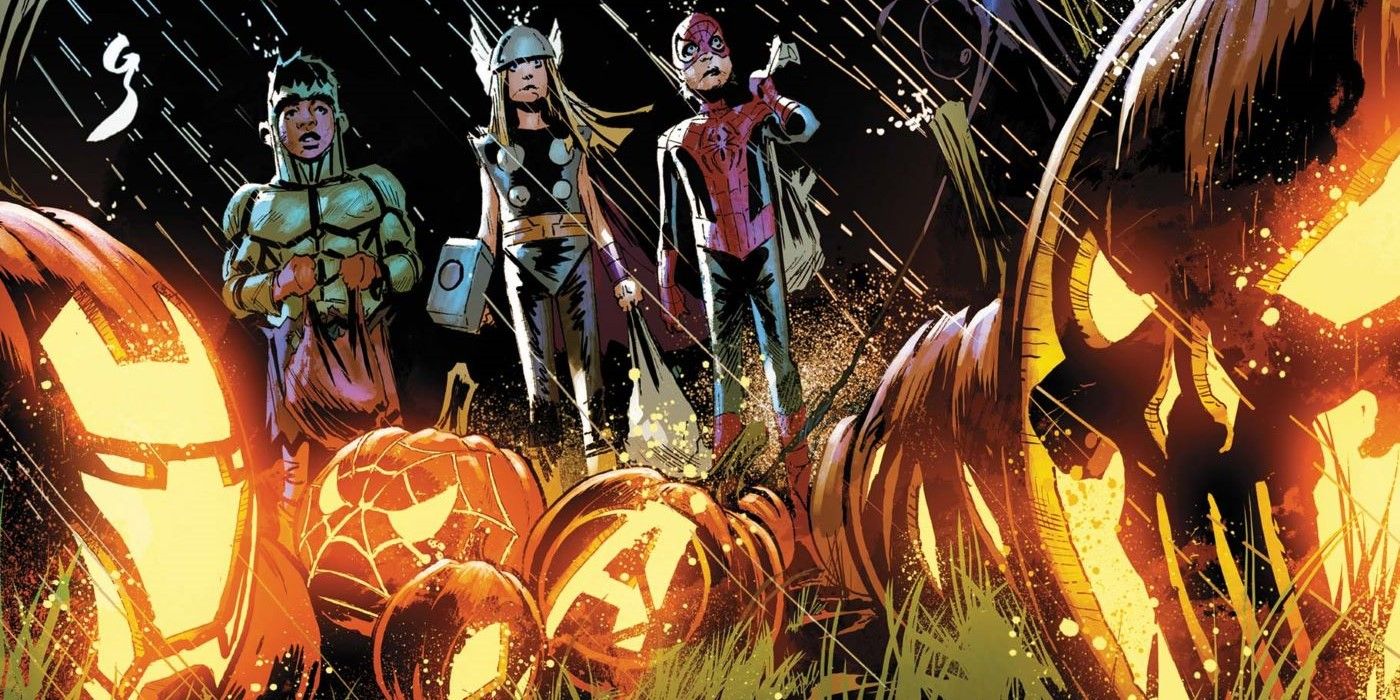 Featured Image: Avengers Jack o’Lanterns, with kids dressed up as Hulk, Thor, and Spider-Man