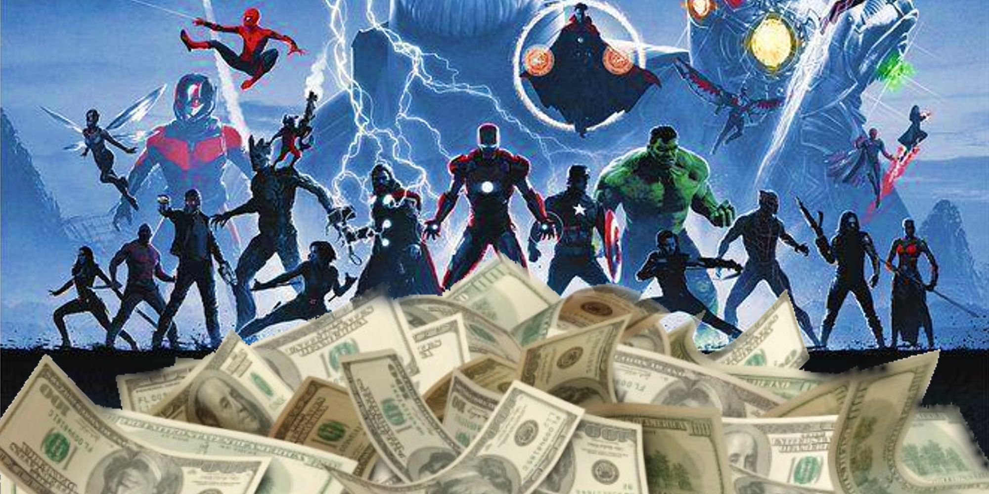 The poster for the Infinity Saga with a stack of dollars
