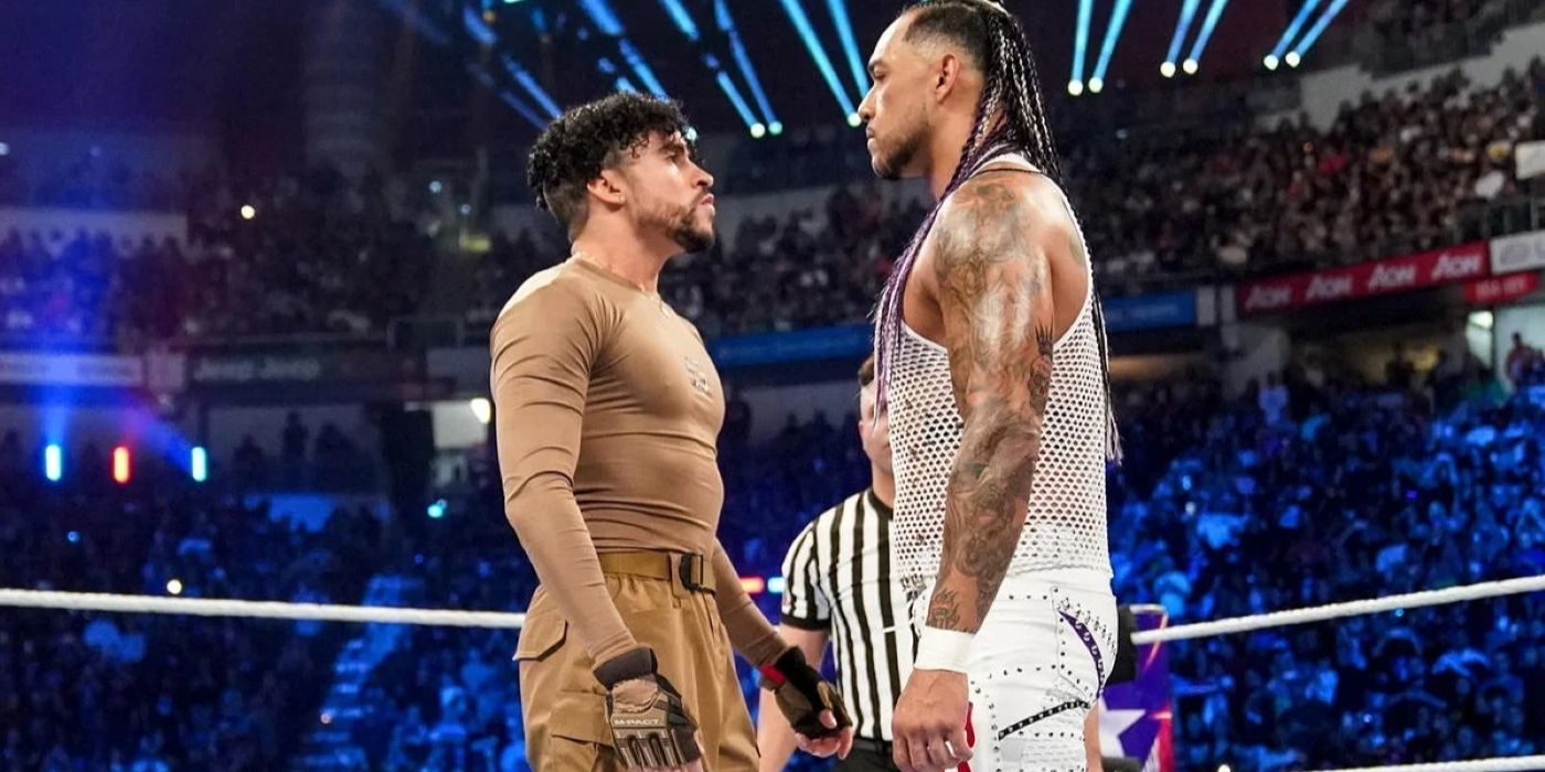 Bad Bunny staring down Damian Priest at Backlash 2023.