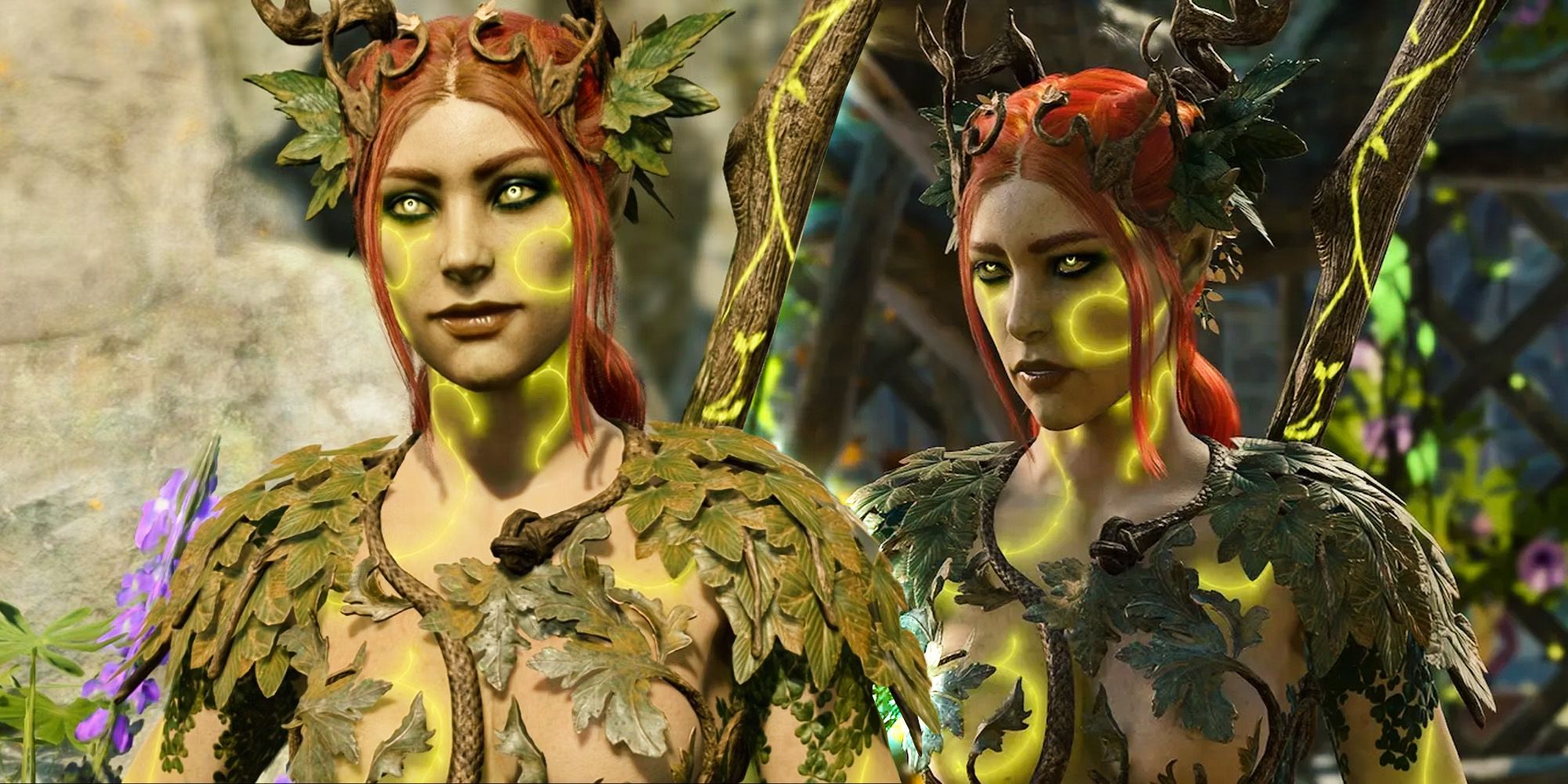 Two renders of Zethino, a dryad with ginger hair covers in ivy leaves. One is of her by the magic waterfall where the love test occurs, and the other is her in the circus.
