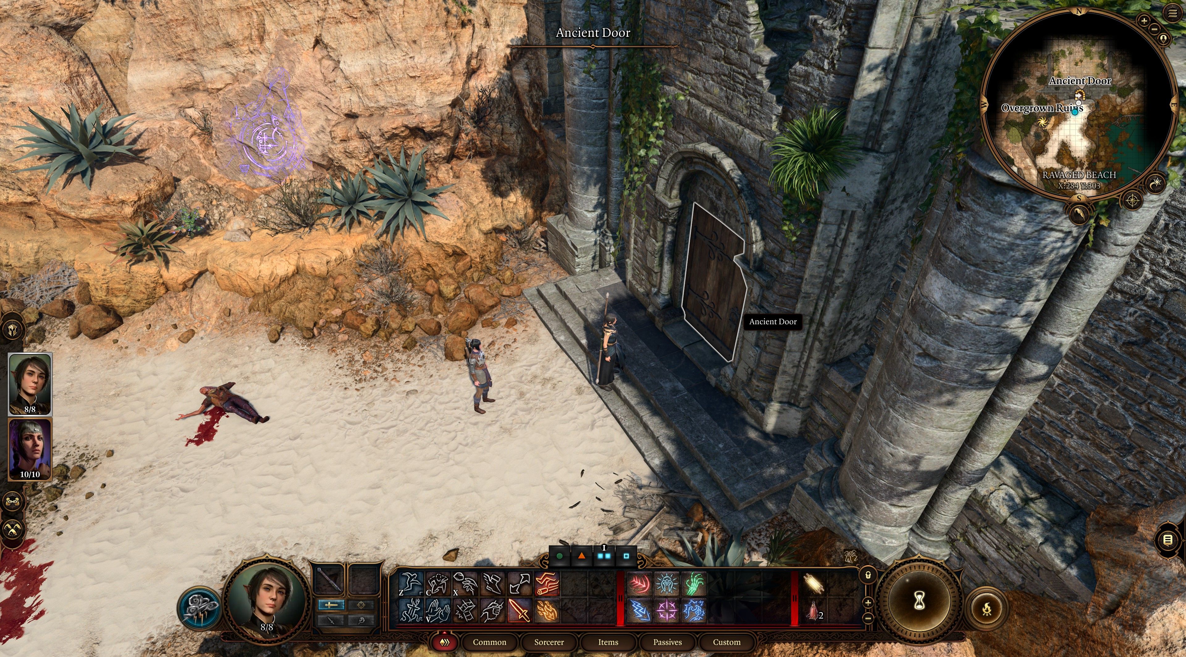 Baldur's Gate 3 Player And Shadowheart Looking At Locked Door To Ruins On Ravaged Beach