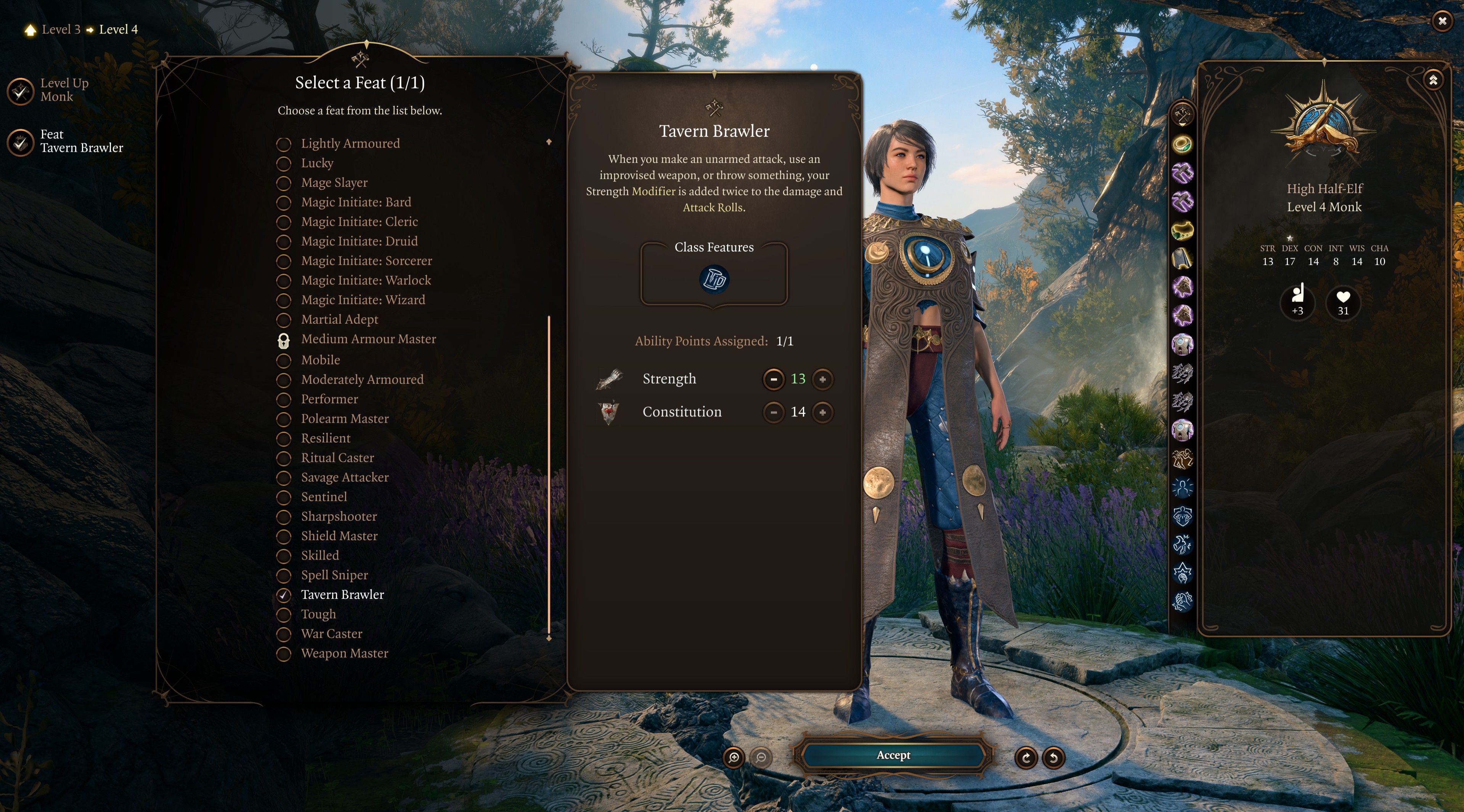 Baldur's Gate 3 Player Leveling Up Monk Multiclass Build With Tavern Brawler Feat