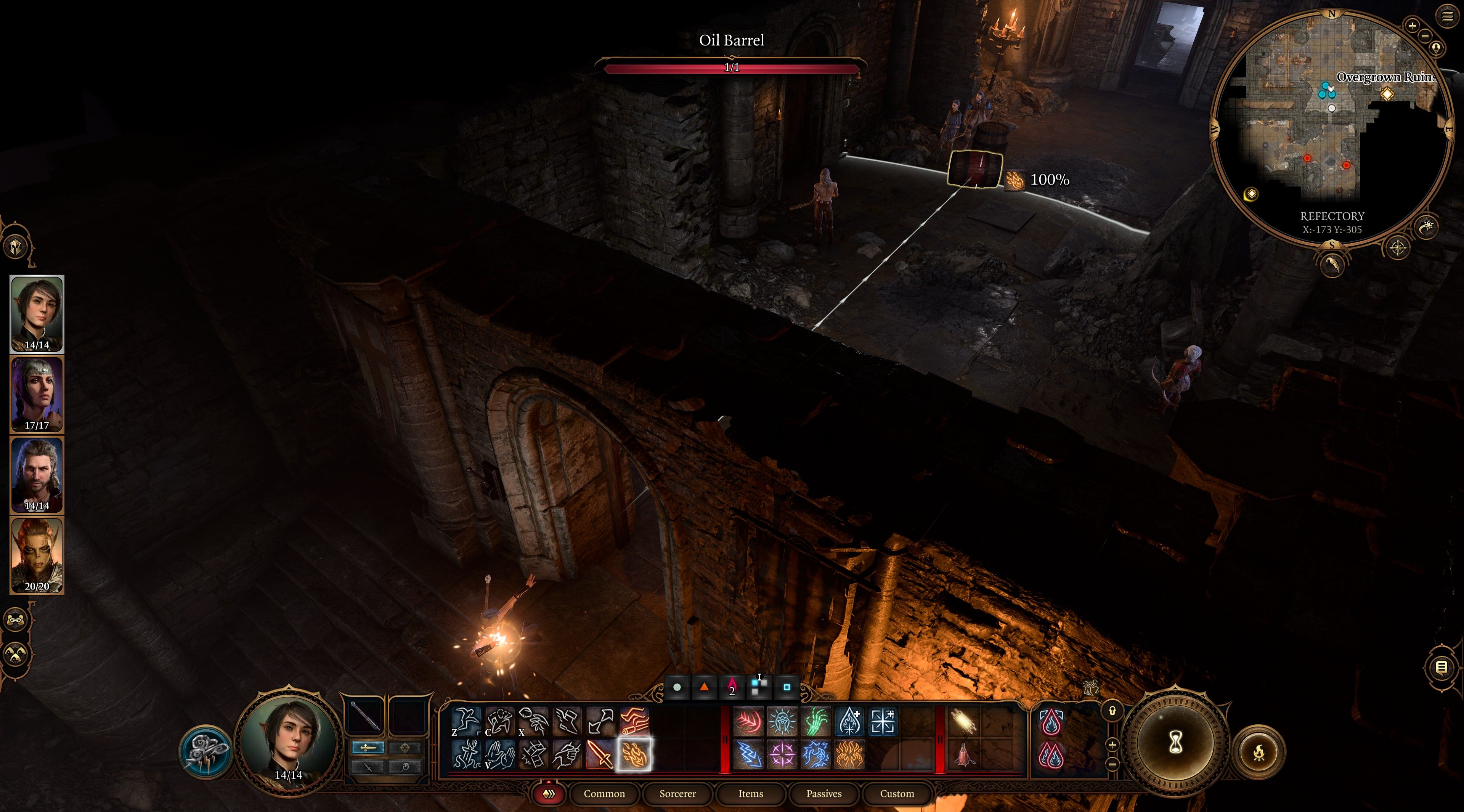 Baldur's Gate 3 Player Preparing To Ignite Oil Barrel With Fire Spell To Blast Group Of Bandits