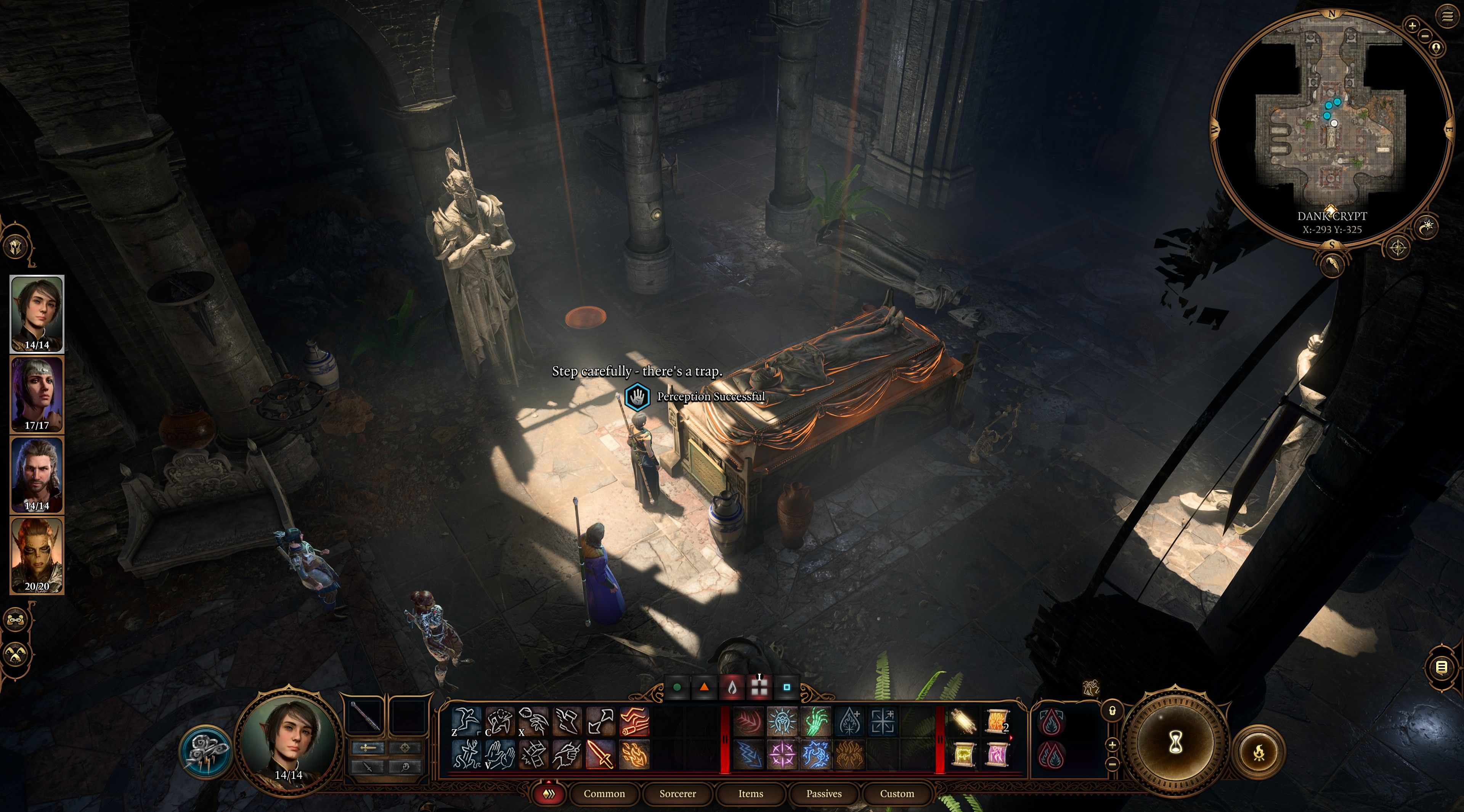 Baldur's Gate 3 Player Preparing To Loot Trapped Sarcophagus In Dank Crypt