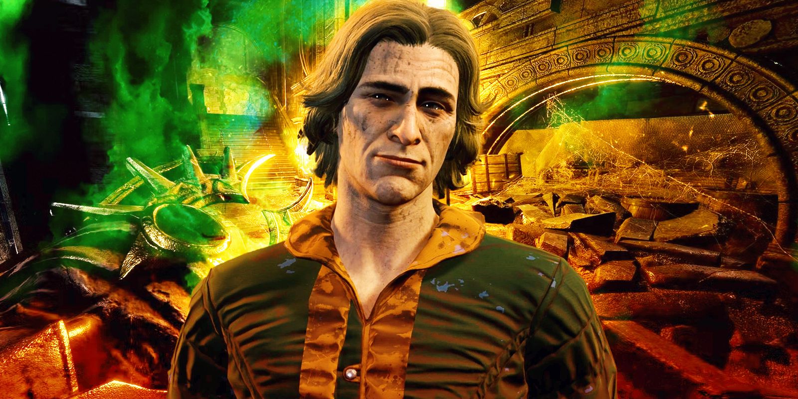 Oskar the artist in Baldur&rsquo;s Gate 3 with green-tinged ruins in the background.