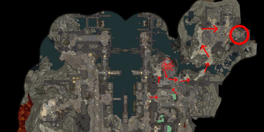 Captura de pantalla editada del mapa de Grimforge en Baldur's Gate 3 que muestra el camino al escondite de Philomene.