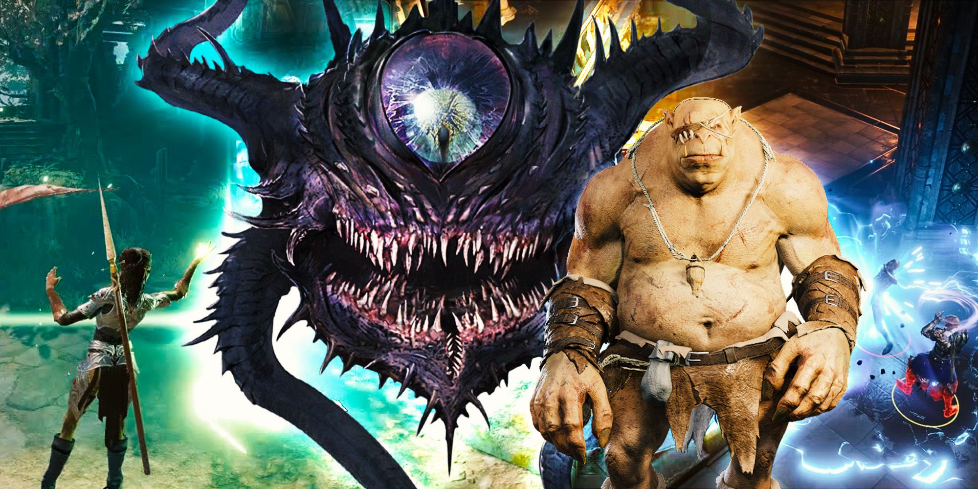 A monster with one large eye and multiple rows of sharp teeth on a floating purple head, out of which protrude multiple tentacles. It's next to an ogre, a large monster with yellow skin dressed in a loin cloth. Behind the two are various battle scenes from Baldur's Gate 3.