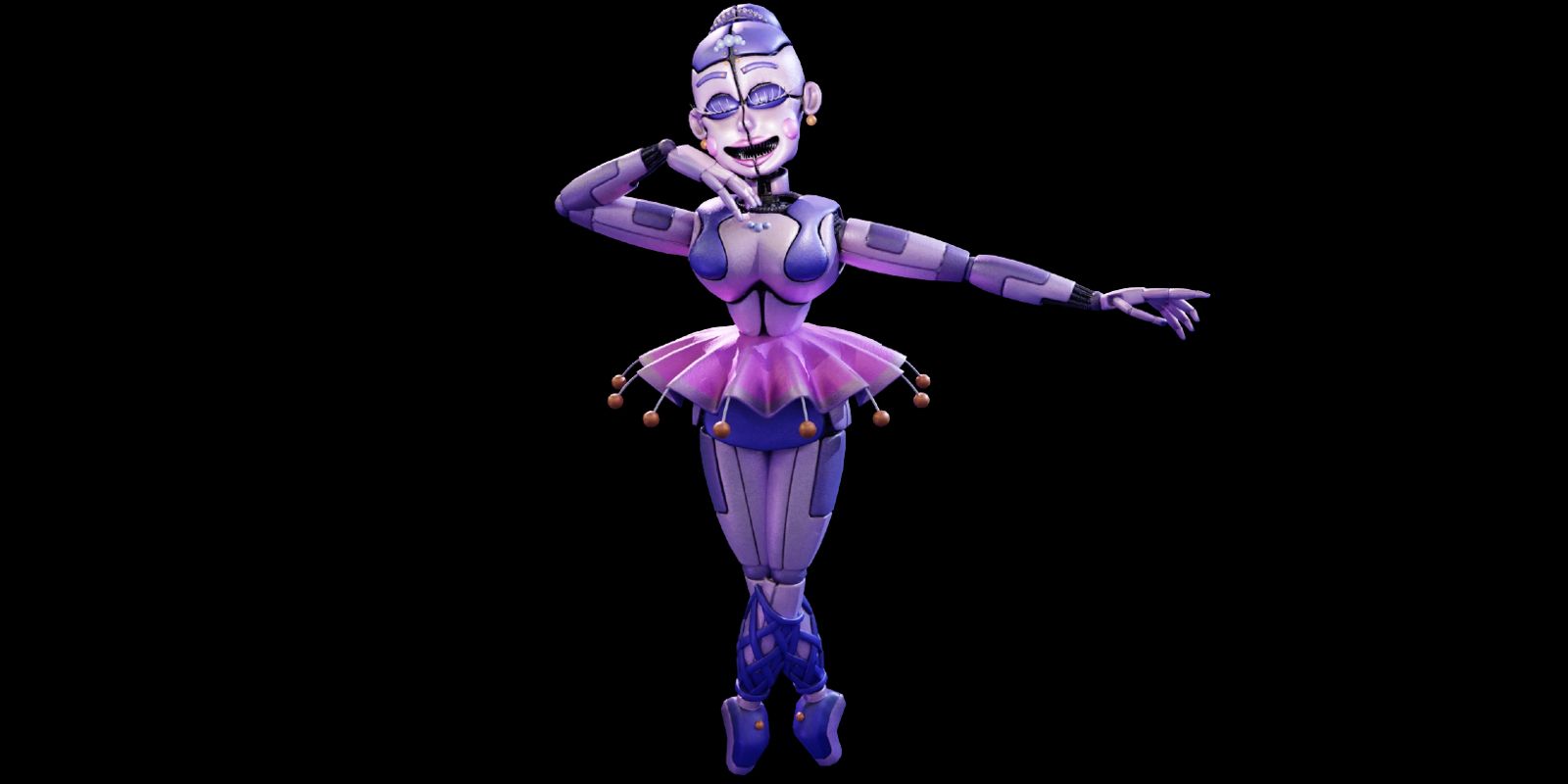 Ballora stands on pointe with one hand at her face and the other outstretched.