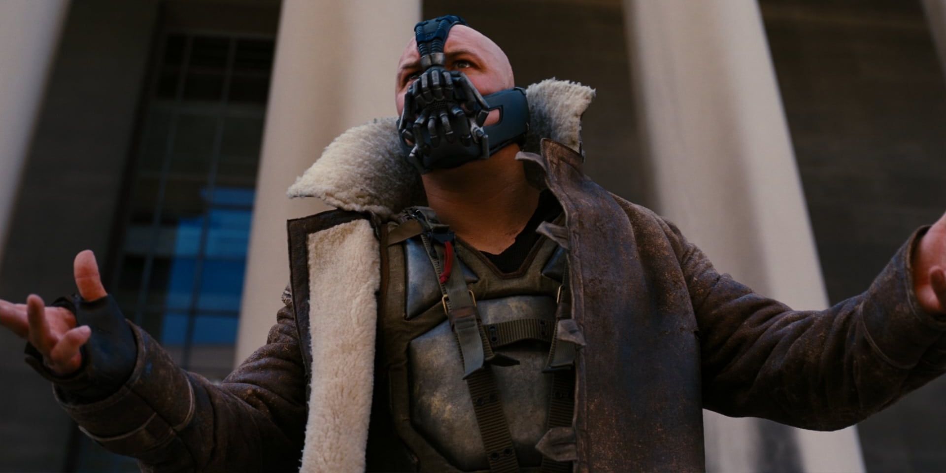 Bane (Tom Hardy) addresses the people of Gotham in The Dark Knight Rises