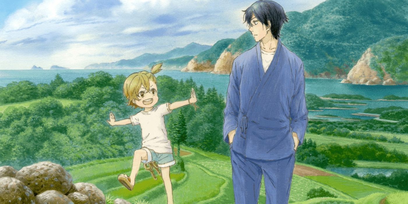 Barakamon Sei caminhando lado a lado com um alegre e enérgico Naru, com um belo cenário rural por trás deles