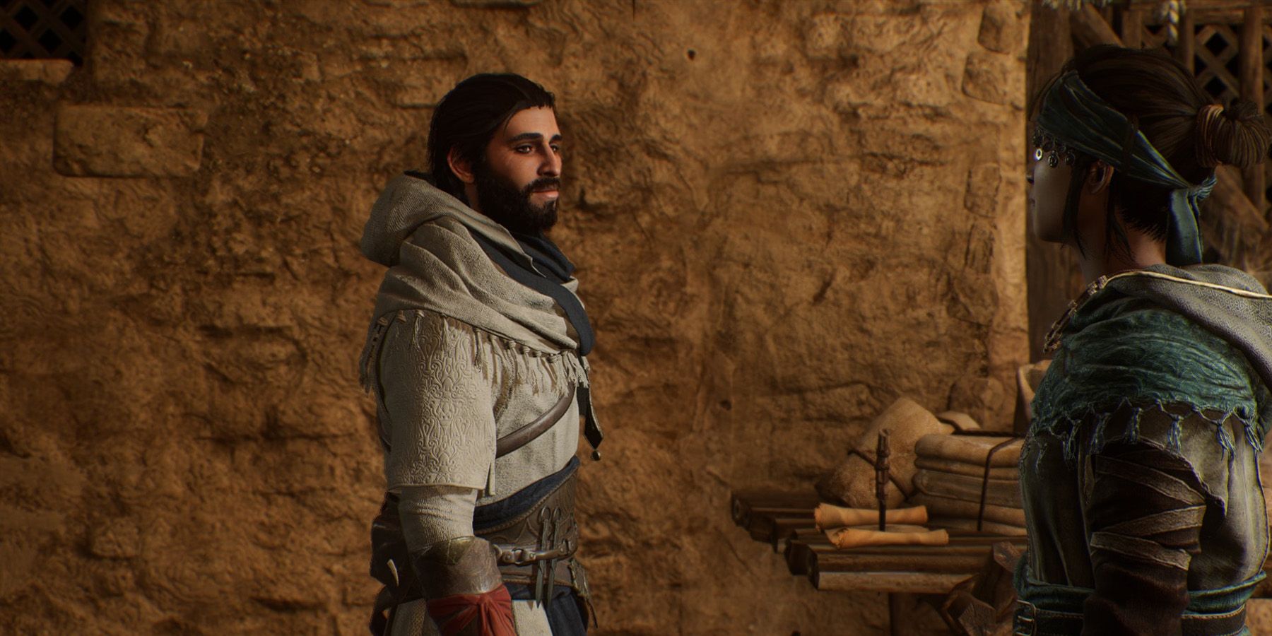 Basim speaking to his friend Nehal in Assassin's Creed Mirage.