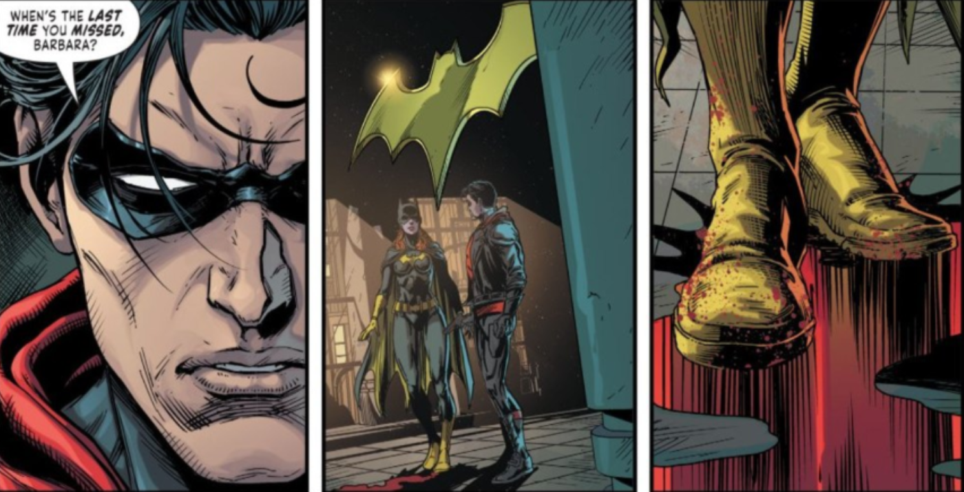 Red Hood and Batgirl standing over Joker's dead body in Batman: Three Jokers #1