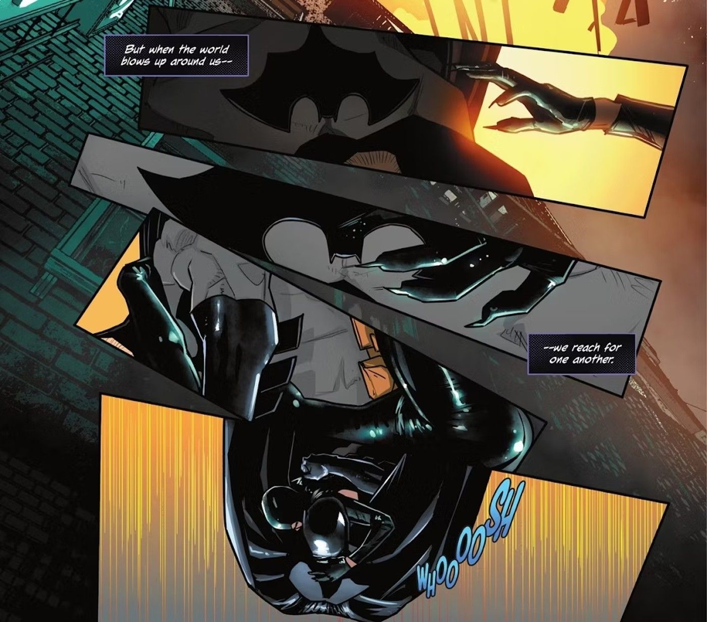 Batman and Catwoman Reach for Each Other as They Plummet