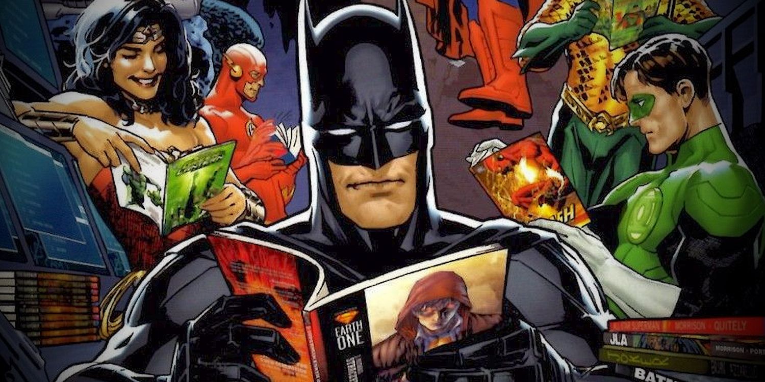 Batman and the Justice League heroes reading DC comics in official DC artwork