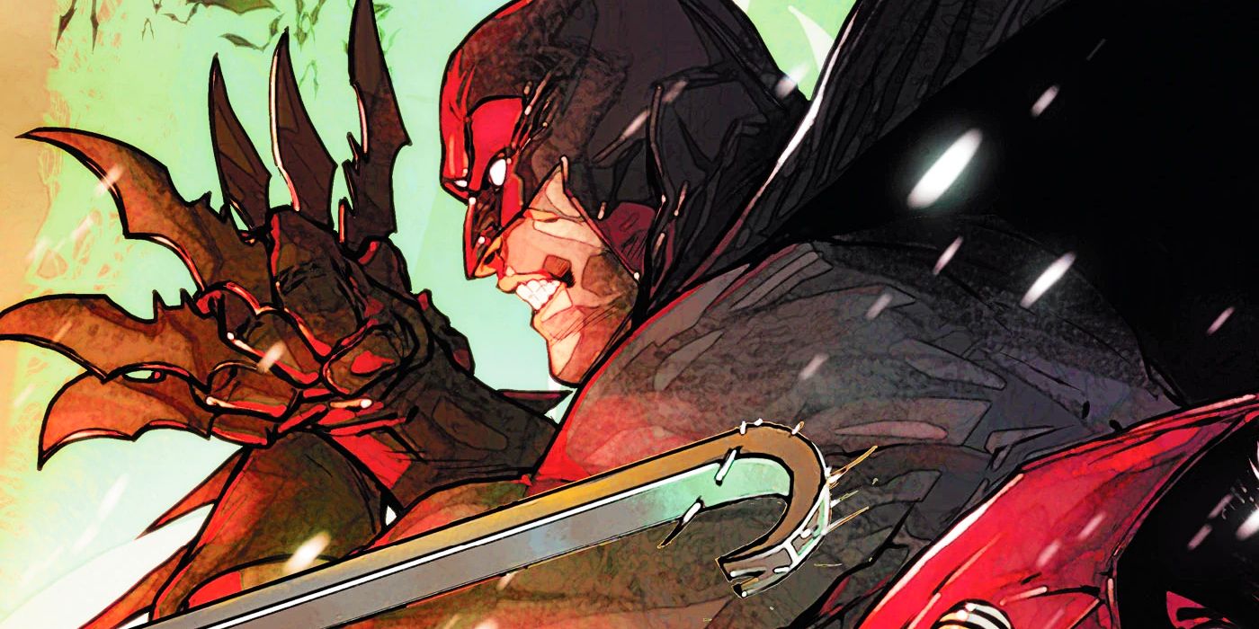 Batman scowls while brandishing a fist full of batarangs.